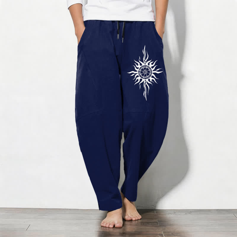 Buddha Stones Pure Cotton Tribal Sun Pattern Drawstring Men's Tapered Pants With Pockets - Navy - US/UK/AU50,EU60 (5XL) - image 7