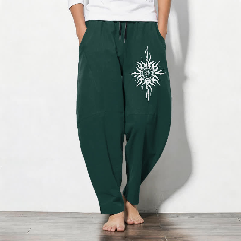 Buddha Stones Pure Cotton Tribal Sun Pattern Drawstring Men's Tapered Pants With Pockets - DarkGreen - US/UK/AU50,EU60 (5XL) - image 11