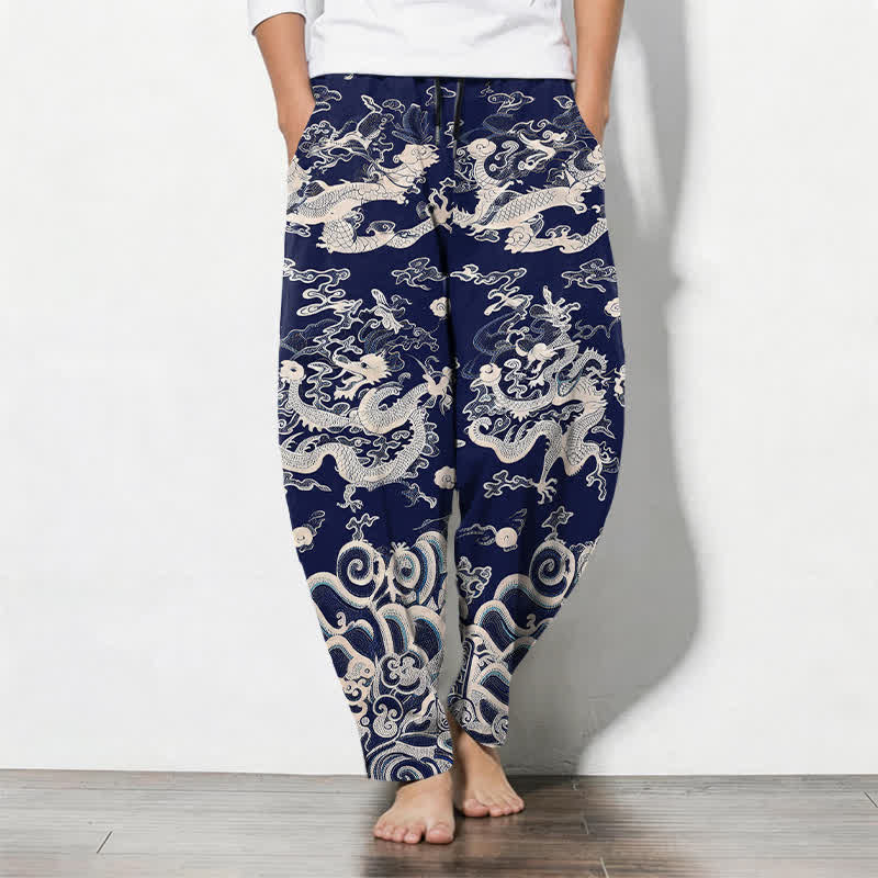 Buddha Stones Pure Cotton Dragon Wave Pattern Drawstring Men's Tapered Pants With Pockets - Navy - US/UK/AU50,EU60 (5XL) - image 0