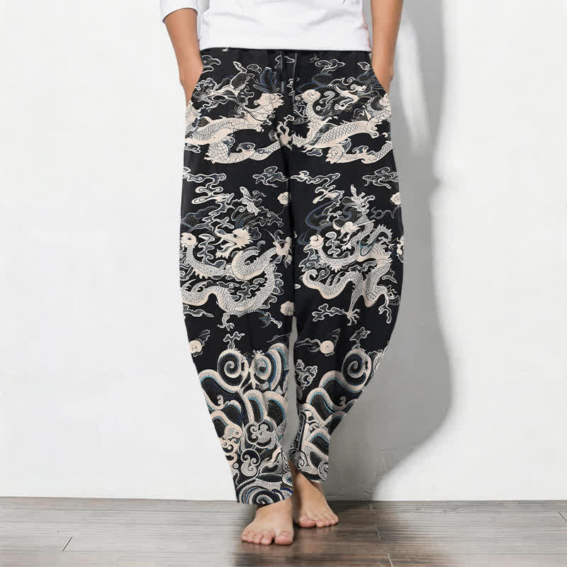 Buddha Stones Pure Cotton Dragon Wave Pattern Drawstring Men's Tapered Pants With Pockets - Black - US/UK/AU50,EU60 (5XL) - image 7