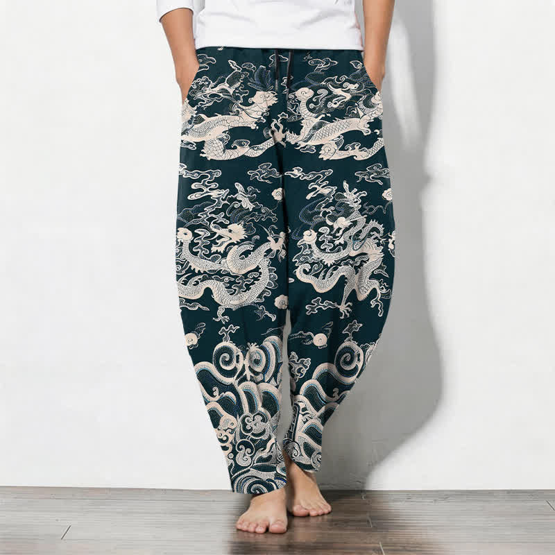 Buddha Stones Pure Cotton Dragon Wave Pattern Drawstring Men's Tapered Pants With Pockets - Teal - US/UK/AU50,EU60 (5XL) - image 11