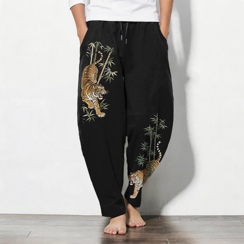 Buddha Stones Pure Cotton Tiger Bamboo Pattern Drawstring Men's Tapered Pants With Pockets - Black - US/UK/AU50,EU60 (5XL) - image 0