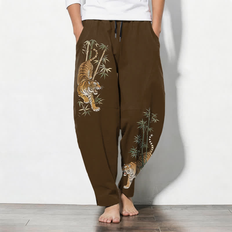 Buddha Stones Pure Cotton Tiger Bamboo Pattern Drawstring Men's Tapered Pants With Pockets - SaddleBrown - US/UK/AU50,EU60 (5XL) - image 7