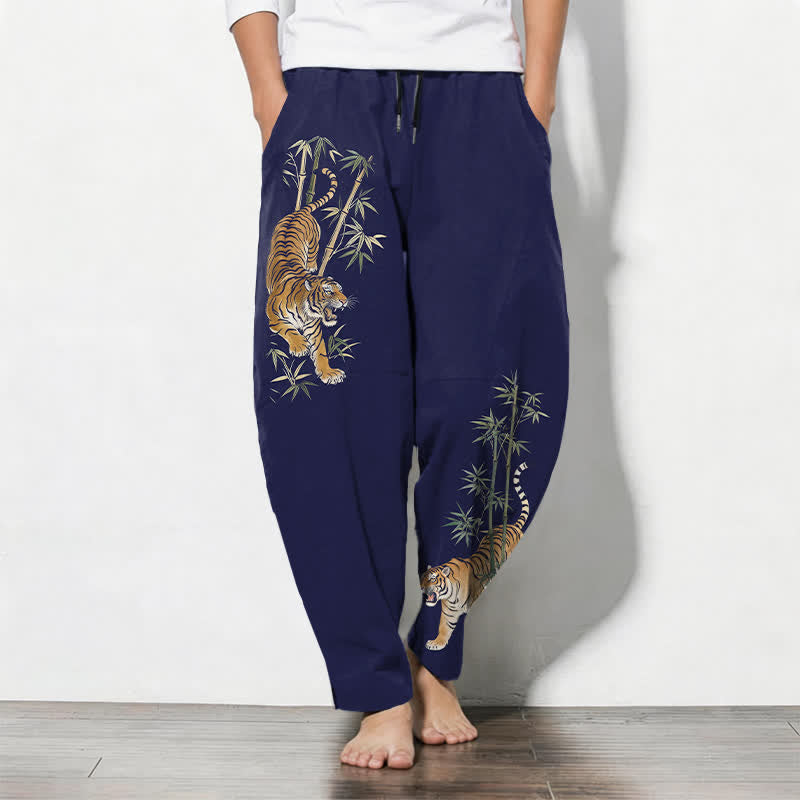Buddha Stones Pure Cotton Tiger Bamboo Pattern Drawstring Men's Tapered Pants With Pockets - Navy - US/UK/AU50,EU60 (5XL) - image 11