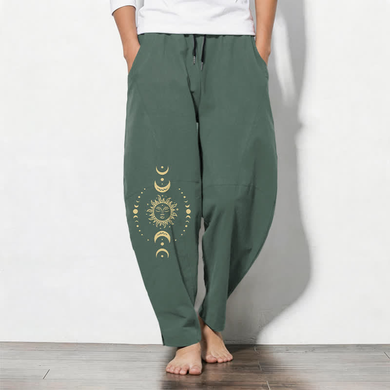 Buddha Stones Pure Cotton Celestial Sun Moon Pattern Drawstring Men's Tapered Pants With Pockets - SeaGreen - US/UK/AU50,EU60 (5XL) - image 0