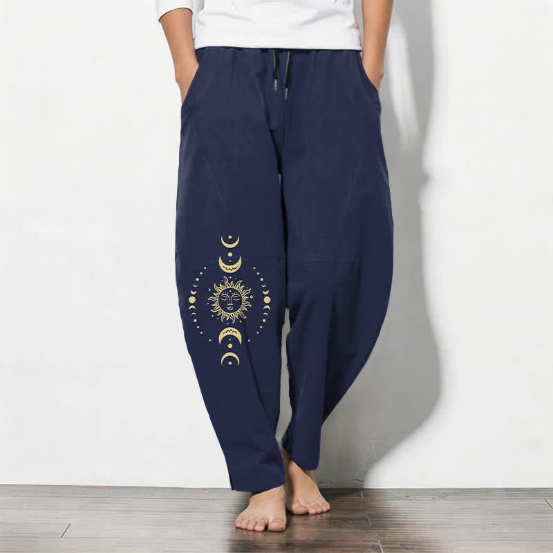 Buddha Stones Pure Cotton Celestial Sun Moon Pattern Drawstring Men's Tapered Pants With Pockets - Navy - US/UK/AU50,EU60 (5XL) - image 7