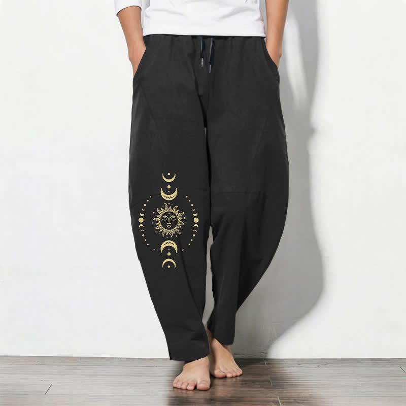 Buddha Stones Pure Cotton Celestial Sun Moon Pattern Drawstring Men's Tapered Pants With Pockets - Black - US/UK/AU50,EU60 (5XL) - image 11