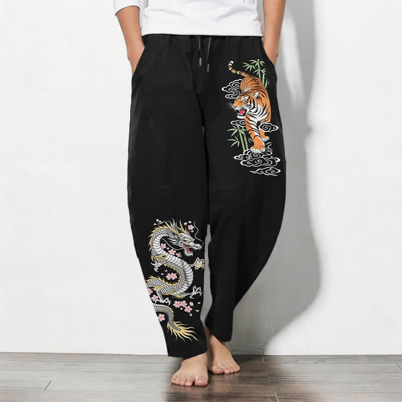 Buddha Stones Pure Cotton Tiger Dragon Pattern Drawstring Men's Tapered Pants With Pockets - Black - US/UK/AU50,EU60 (5XL) - image 0