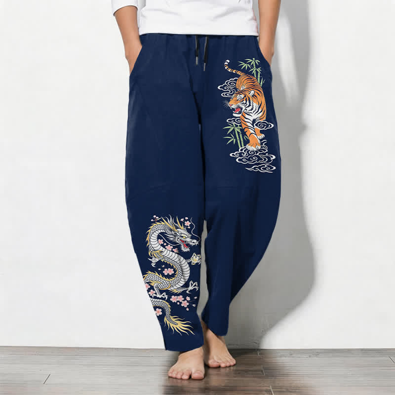Buddha Stones Pure Cotton Tiger Dragon Pattern Drawstring Men's Tapered Pants With Pockets - Navy - US/UK/AU50,EU60 (5XL) - image 7