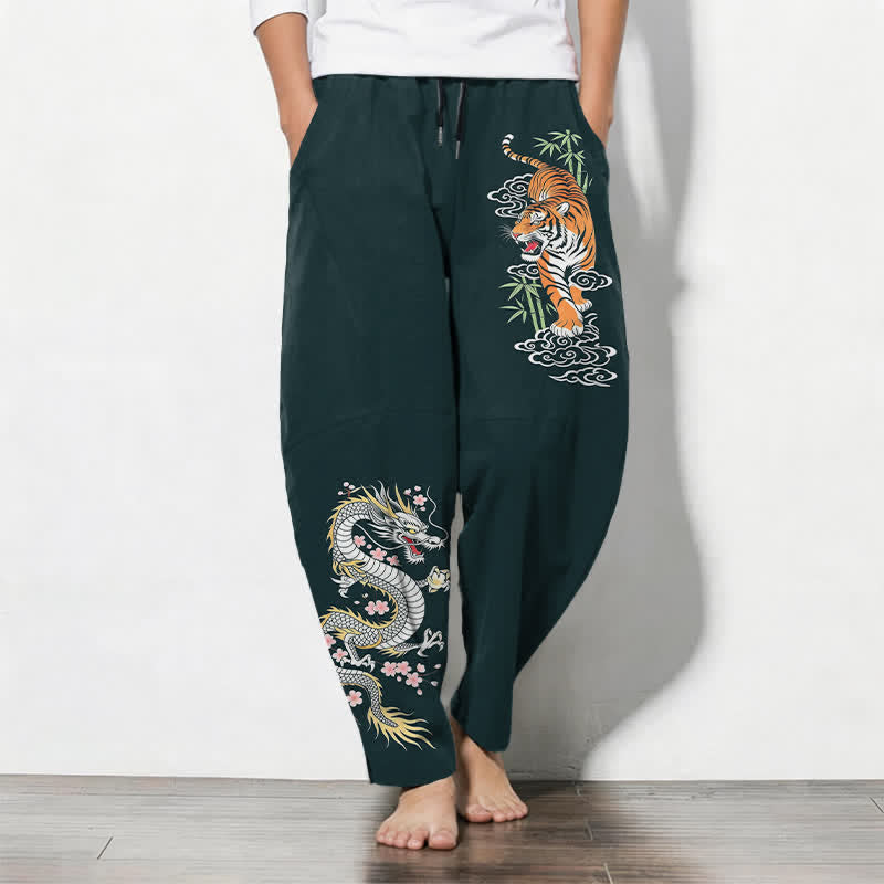 Buddha Stones Pure Cotton Tiger Dragon Pattern Drawstring Men's Tapered Pants With Pockets - DarkSlateGray - US/UK/AU50,EU60 (5XL) - image 11