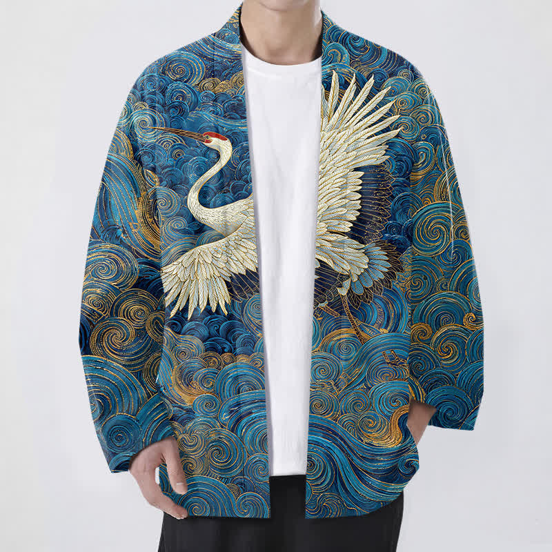 Buddha Stones Cotton Crane Flowing Waves Pattern Open Front Men's Kimono - RoyalBlue - US/UK/AU48,EU58 (4XL) - image 0