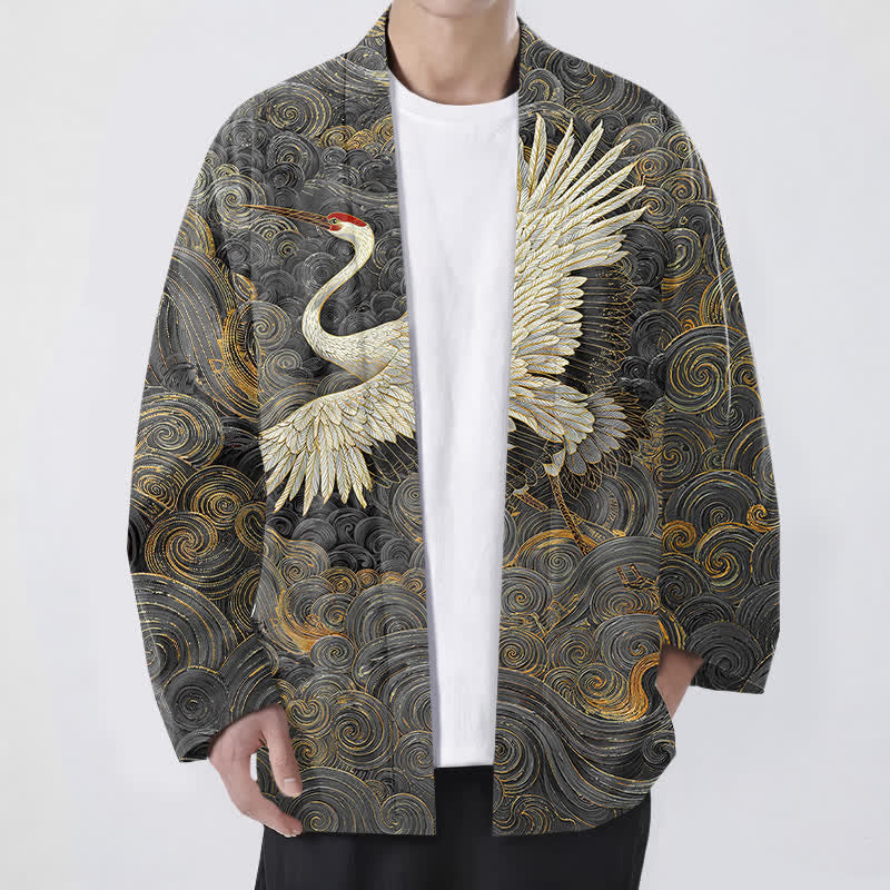 Buddha Stones Cotton Crane Flowing Waves Pattern Open Front Men's Kimono - DarkGray - US/UK/AU48,EU58 (4XL) - image 6