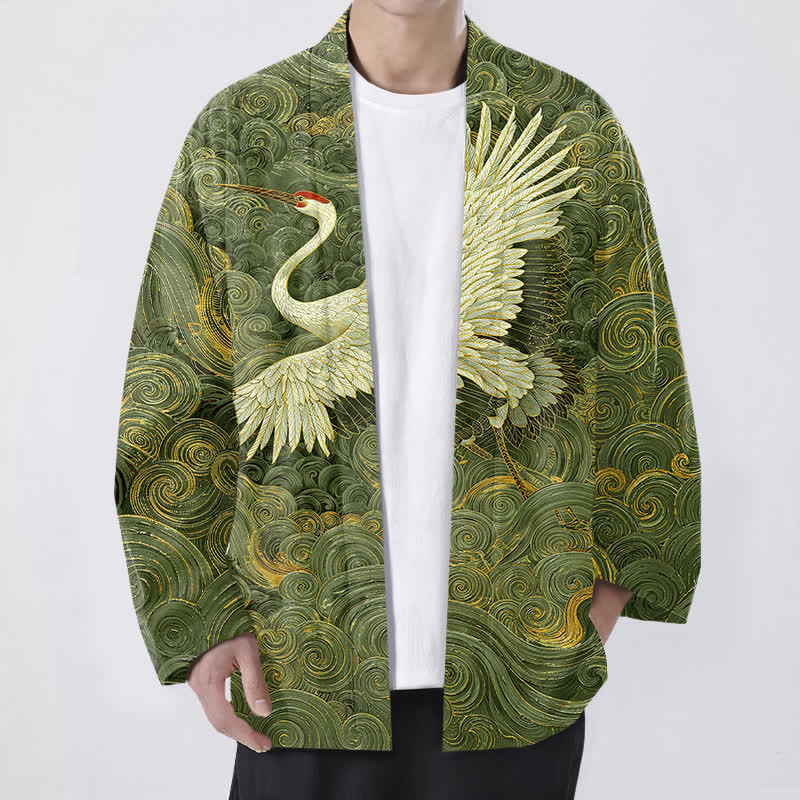 Buddha Stones Cotton Crane Flowing Waves Pattern Open Front Men's Kimono - OliveDrab - US/UK/AU48,EU58 (4XL) - image 9