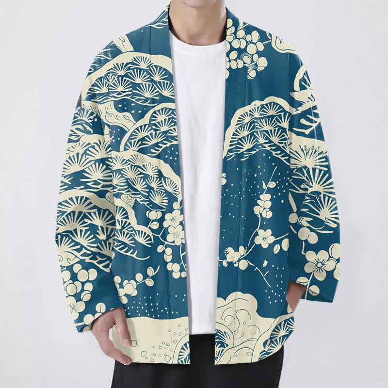 Buddha Stones Cotton Pine Plum Blossom Pattern Open Front Men's Kimono - Teal - US/UK/AU48,EU58 (4XL) - image 0