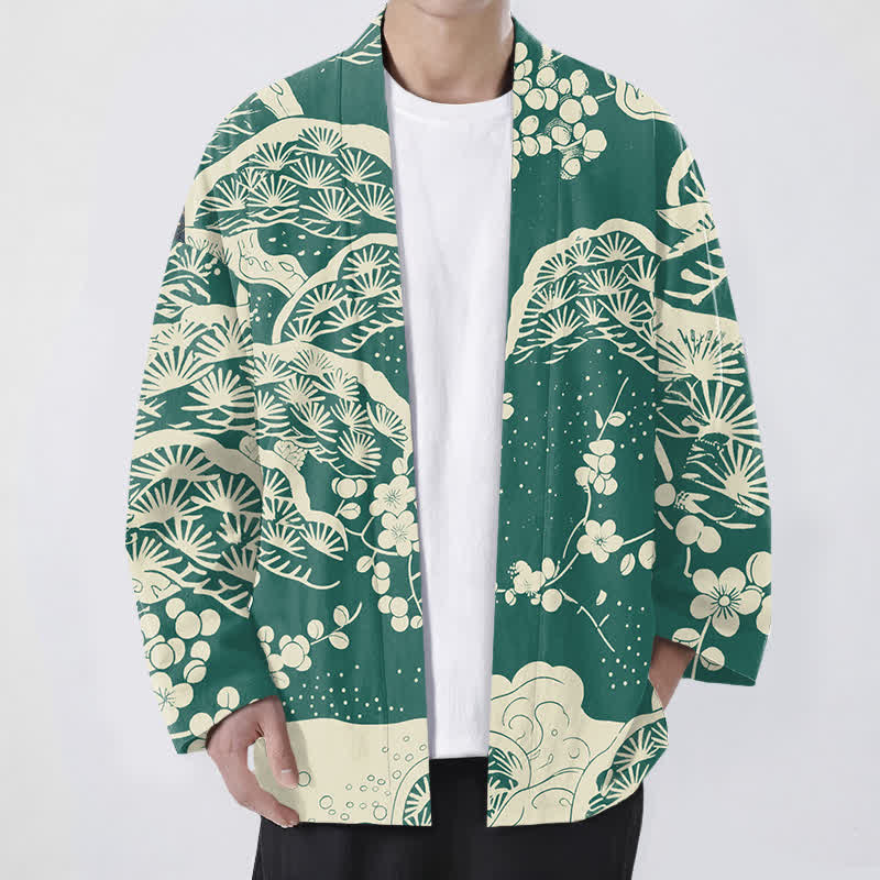 Buddha Stones Cotton Pine Plum Blossom Pattern Open Front Men's Kimono - SeaGreen - US/UK/AU48,EU58 (4XL) - image 6