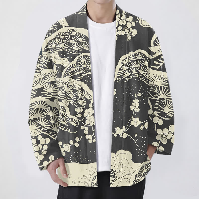 Buddha Stones Cotton Pine Plum Blossom Pattern Open Front Men's Kimono - SlateGray - US/UK/AU48,EU58 (4XL) - image 9