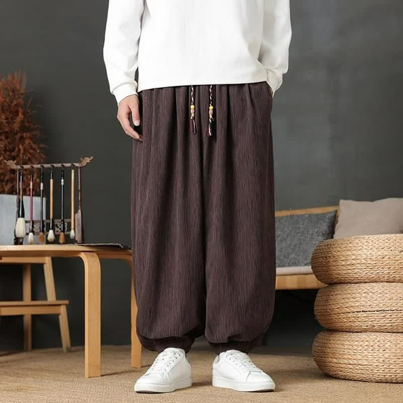 Buddha Stones Fall Casual Vintage Drawstring Solid Long Pants Men's Harem Pants With Pocket - SaddleBrown - common - US/UK/AU48,EU58 (6XL) - image 0