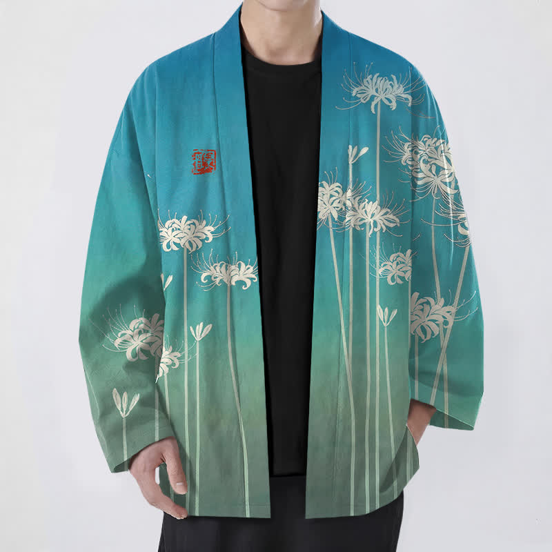Buddha Stones Cotton White Spider Lily Pattern Open Front Men's Kimono - MediumTurquoise - US/UK/AU48,EU58 (4XL) - image 0