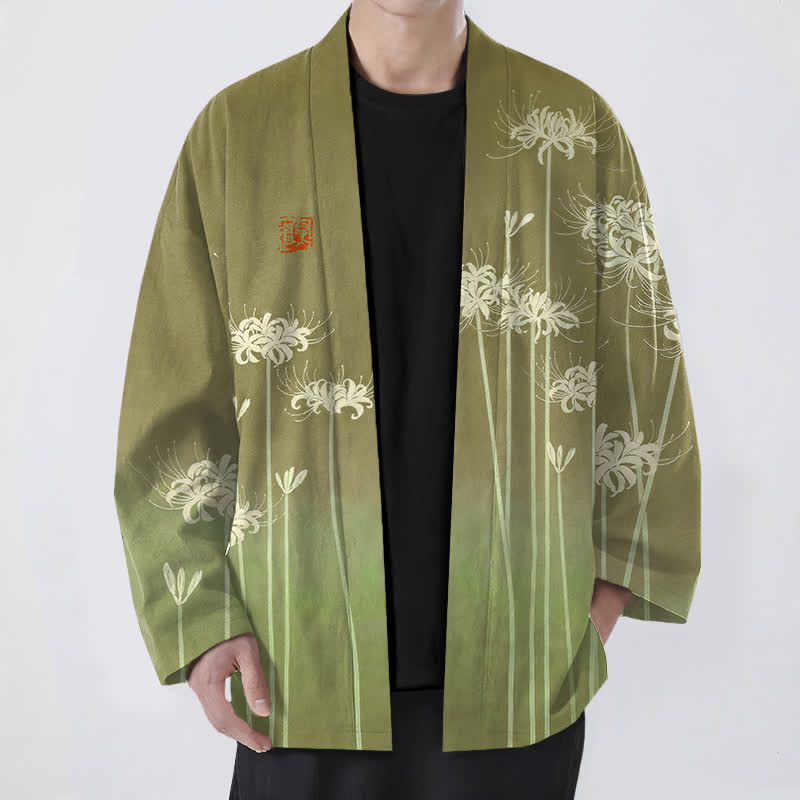 Buddha Stones Cotton White Spider Lily Pattern Open Front Men's Kimono - Olive - US/UK/AU48,EU58 (4XL) - image 9