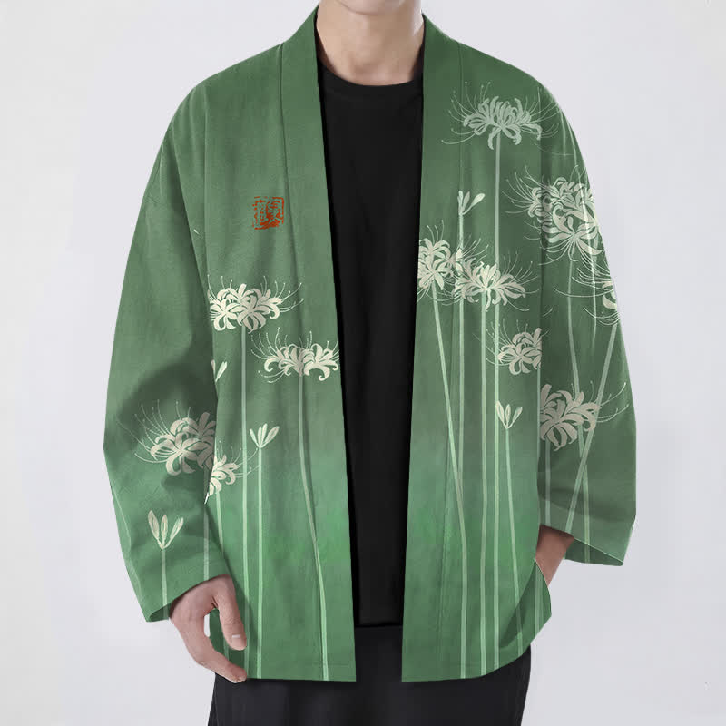 Buddha Stones Cotton White Spider Lily Pattern Open Front Men's Kimono - ForestGreen - US/UK/AU48,EU58 (4XL) - image 6