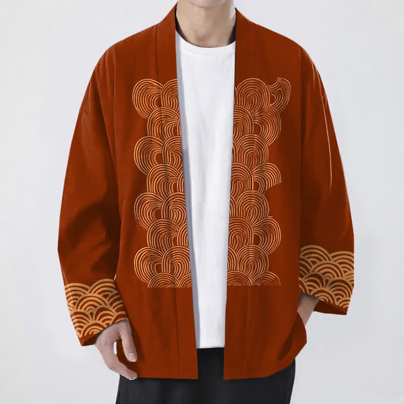 Buddha Stones Cotton Crescent Wave Pattern Open Front Men's Kimono - Sienna - US/UK/AU48,EU58 (4XL) - image 0