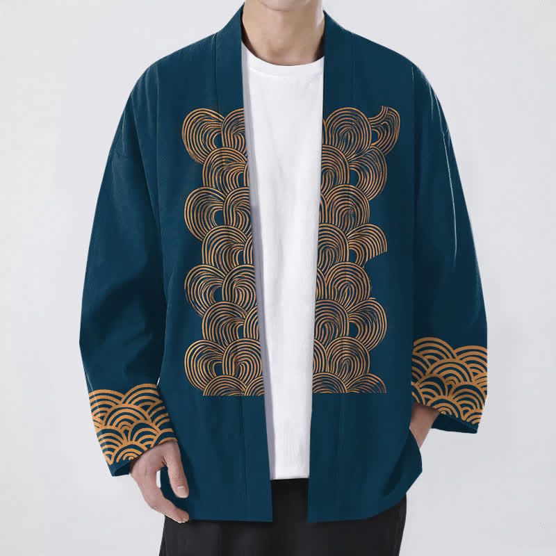 Buddha Stones Cotton Crescent Wave Pattern Open Front Men's Kimono - Teal - US/UK/AU48,EU58 (4XL) - image 6