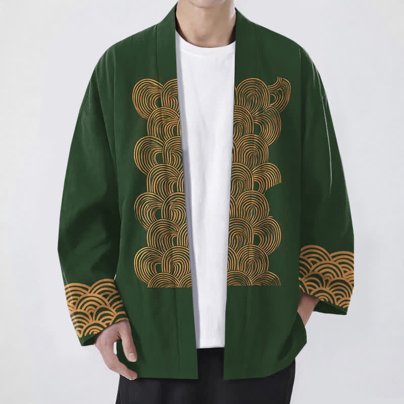 Buddha Stones Cotton Crescent Wave Pattern Open Front Men's Kimono - DarkGreen - US/UK/AU48,EU58 (4XL) - image 9