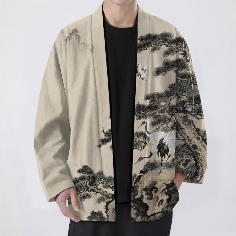 Buddha Stones Cotton Pine Crane Ink Pattern Open Front Men's Kimono - Beige - US/UK/AU48,EU58 (4XL) - image 0