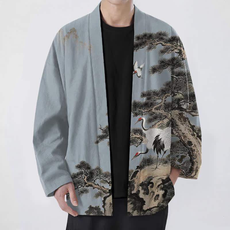 Buddha Stones Cotton Pine Crane Ink Pattern Open Front Men's Kimono - LightSteelBlue - US/UK/AU48,EU58 (4XL) - image 6