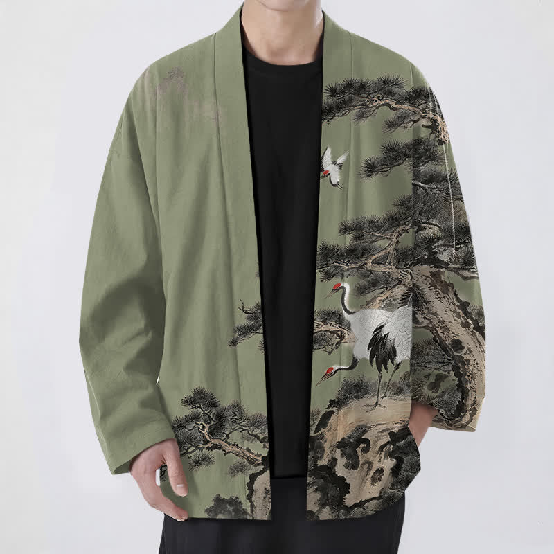 Buddha Stones Cotton Pine Crane Ink Pattern Open Front Men's Kimono - OliveDrab - US/UK/AU48,EU58 (4XL) - image 9