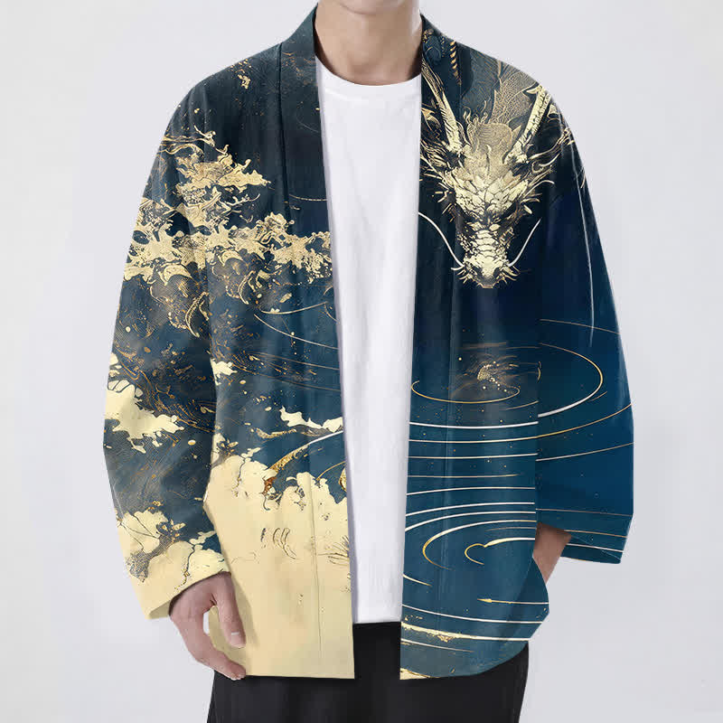Buddha Stones Cotton Golden Dragon Cloud Waves Pattern Open Front Men's Kimono - Navy - US/UK/AU48,EU58 (4XL) - image 0