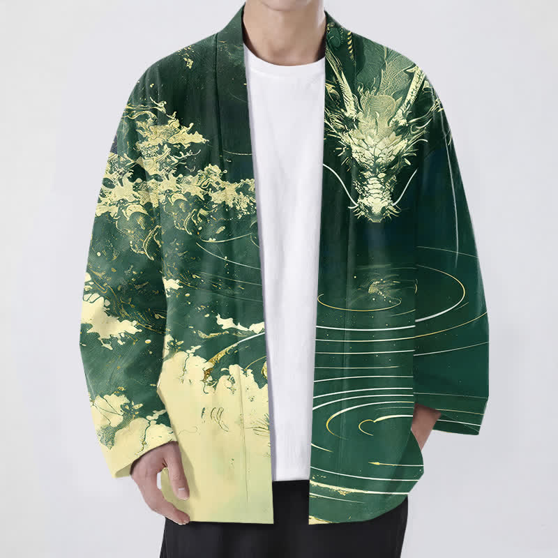 Buddha Stones Cotton Golden Dragon Cloud Waves Pattern Open Front Men's Kimono - DarkGreen - US/UK/AU48,EU58 (4XL) - image 6