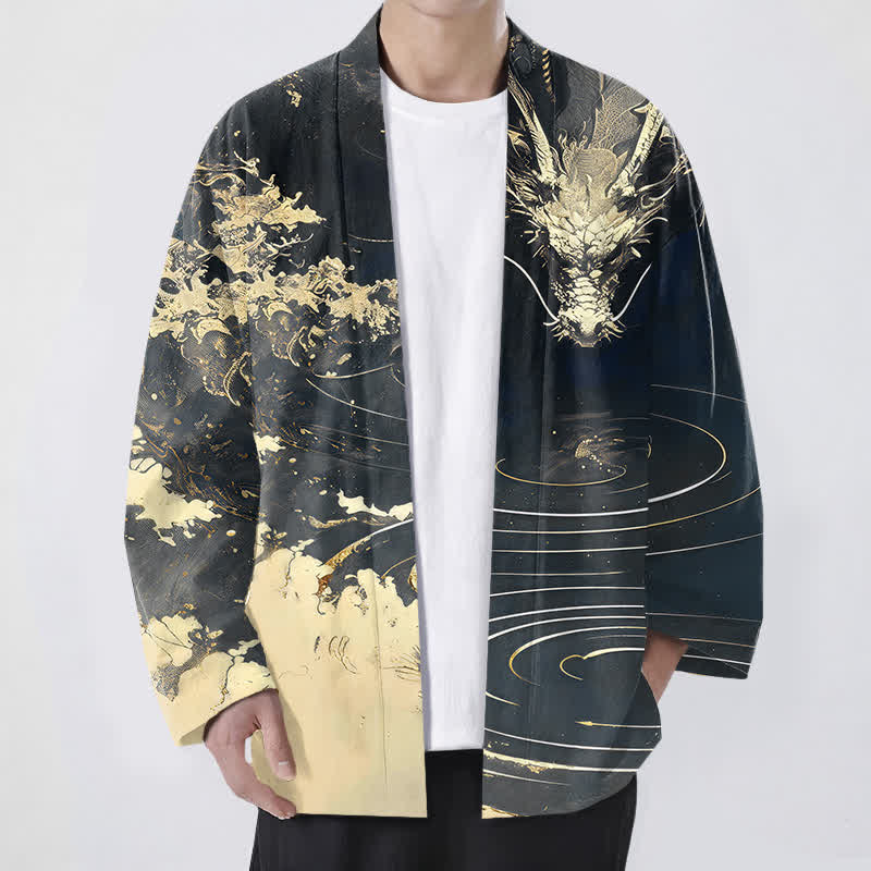 Buddha Stones Cotton Golden Dragon Cloud Waves Pattern Open Front Men's Kimono - Black - US/UK/AU48,EU58 (4XL) - image 9