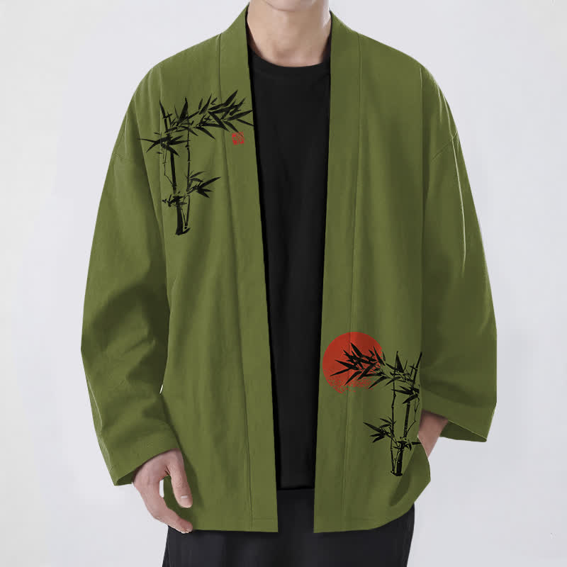 Buddha Stones Cotton Bamboo Red Sun Pattern Open Front Men's Kimono - OliveDrab - US/UK/AU48,EU58 (4XL) - image 0