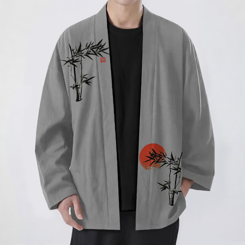 Buddha Stones Cotton Bamboo Red Sun Pattern Open Front Men's Kimono - DarkGray - US/UK/AU48,EU58 (4XL) - image 6