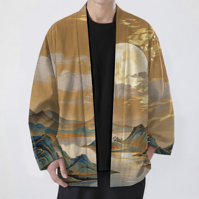 Buddha Stones Cotton Golden Moon Mountain Landscape Pattern Open Front Men's Kimono - SandyBrown - US/UK/AU48,EU58 (4XL) - image 0