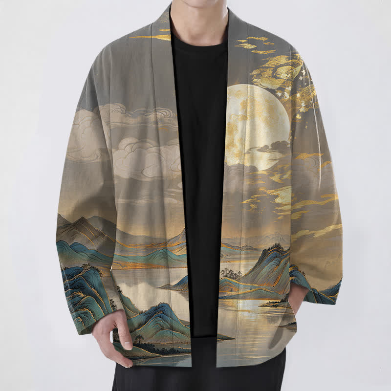 Buddha Stones Cotton Golden Moon Mountain Landscape Pattern Open Front Men's Kimono - SlateGray - US/UK/AU48,EU58 (4XL) - image 6
