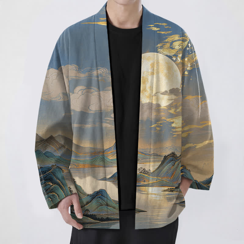 Buddha Stones Cotton Golden Moon Mountain Landscape Pattern Open Front Men's Kimono - SteelBlue - US/UK/AU48,EU58 (4XL) - image 9
