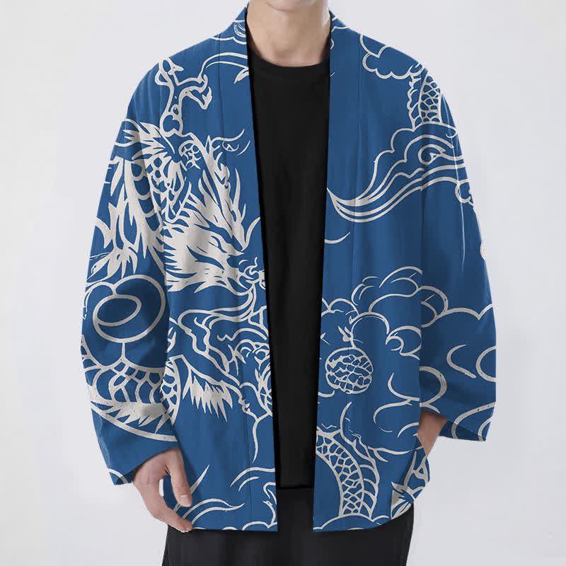 Buddha Stones Cotton White Dragon and Cloud Pattern Open Front Men's Kimono - RoyalBlue - US/UK/AU48,EU58 (4XL) - image 0