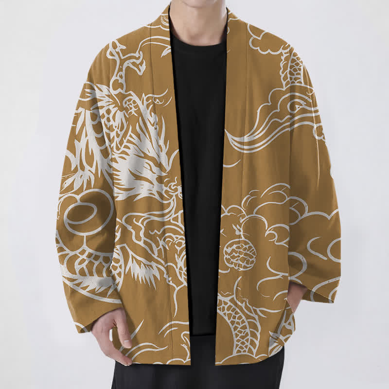Buddha Stones Cotton White Dragon and Cloud Pattern Open Front Men's Kimono - Goldenrod - US/UK/AU48,EU58 (4XL) - image 6