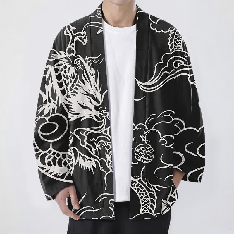 Buddha Stones Cotton White Dragon and Cloud Pattern Open Front Men's Kimono - Black - US/UK/AU48,EU58 (4XL) - image 9