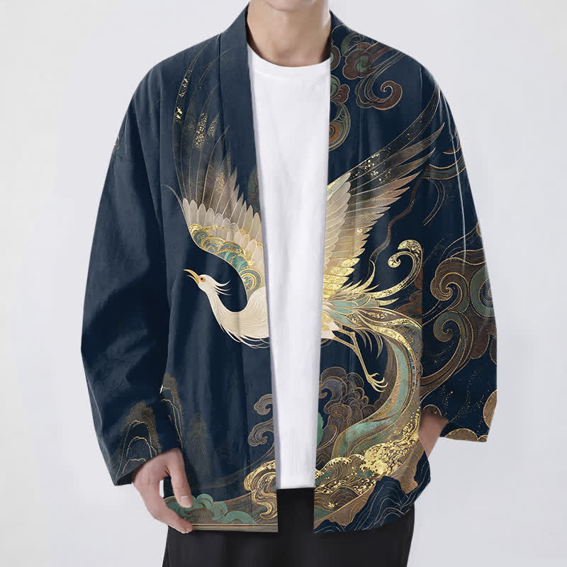 Buddha Stones Cotton Golden Crane Clouds Pattern Open Front Men's Kimono - Navy - US/UK/AU48,EU58 (4XL) - image 0