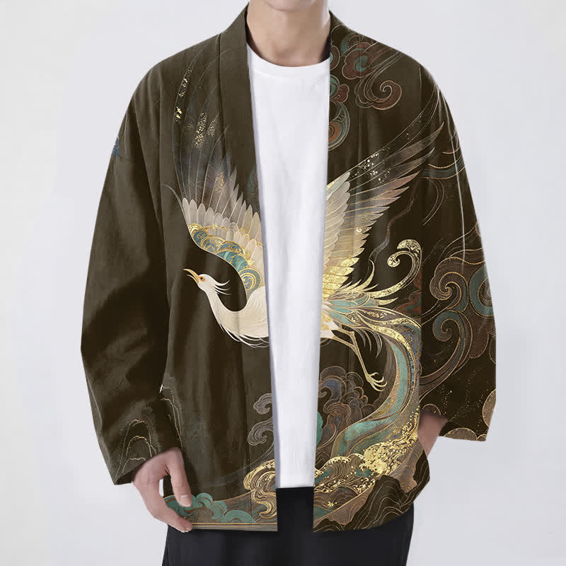 Buddha Stones Cotton Golden Crane Clouds Pattern Open Front Men's Kimono - SaddleBrown - US/UK/AU48,EU58 (4XL) - image 6