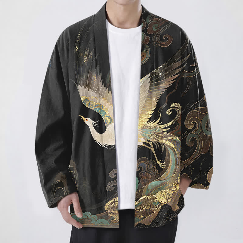 Buddha Stones Cotton Golden Crane Clouds Pattern Open Front Men's Kimono - Black - US/UK/AU48,EU58 (4XL) - image 9