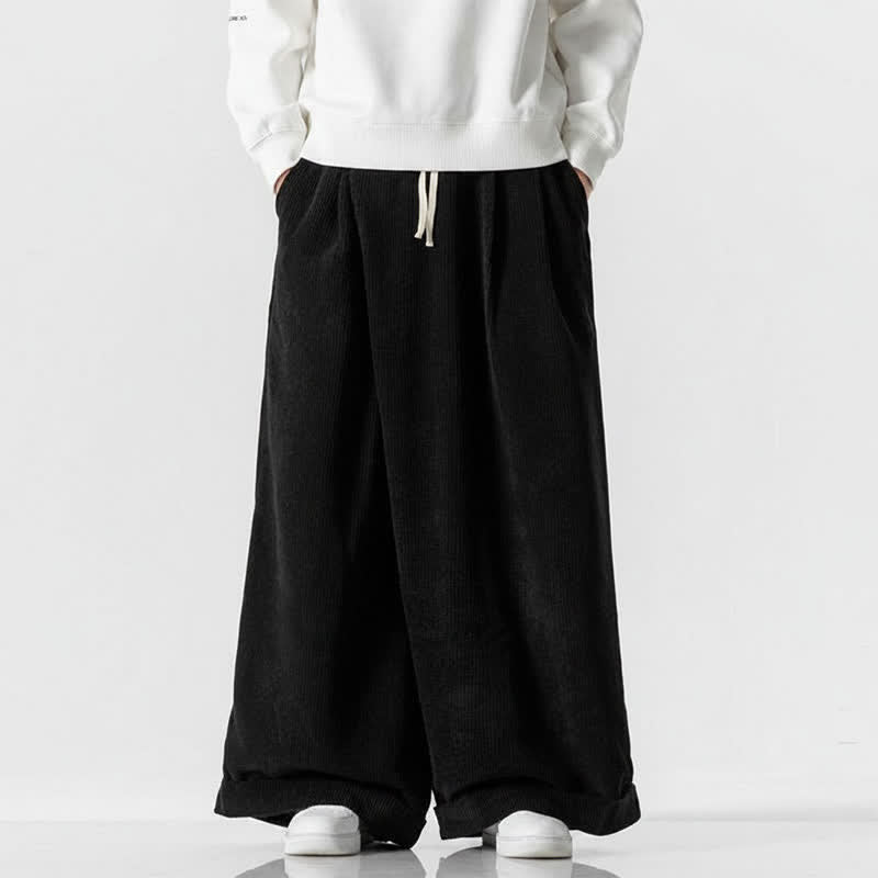 Buddha Stones Fall Winter Casual Drawstring Solid Corduroy Long Pants Men's Wide Leg Pants With Pocket - Black - US/UK/AU46,EU56 (5XL) - image 16