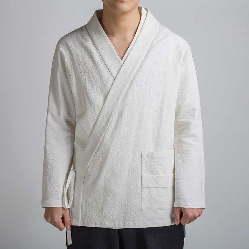 Buddha Stones Spring Fall Minimalist Tang Style Drawstring Solid Cotton Men's Kimonos With Pocket - White - US/UK/AU44,EU54 (4XL) - image 13