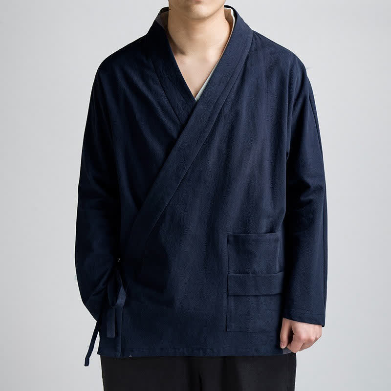 Buddha Stones Spring Fall Minimalist Tang Style Drawstring Solid Cotton Men's Kimonos With Pocket - MidnightBlue - US/UK/AU44,EU54 (4XL) - image 0