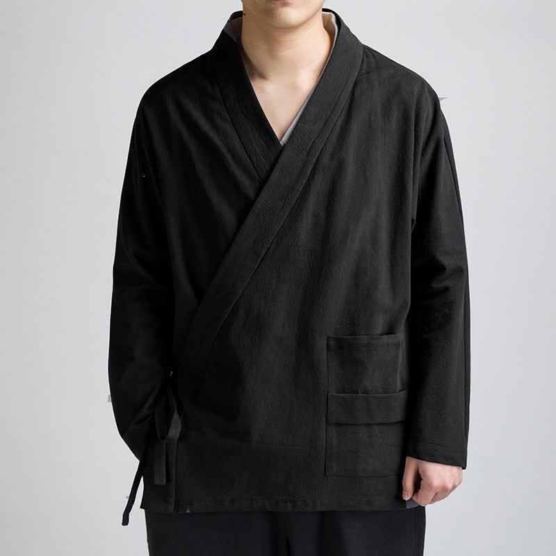 Buddha Stones Spring Fall Minimalist Tang Style Drawstring Solid Cotton Men's Kimonos With Pocket - Black - US/UK/AU44,EU54 (4XL) - image 2