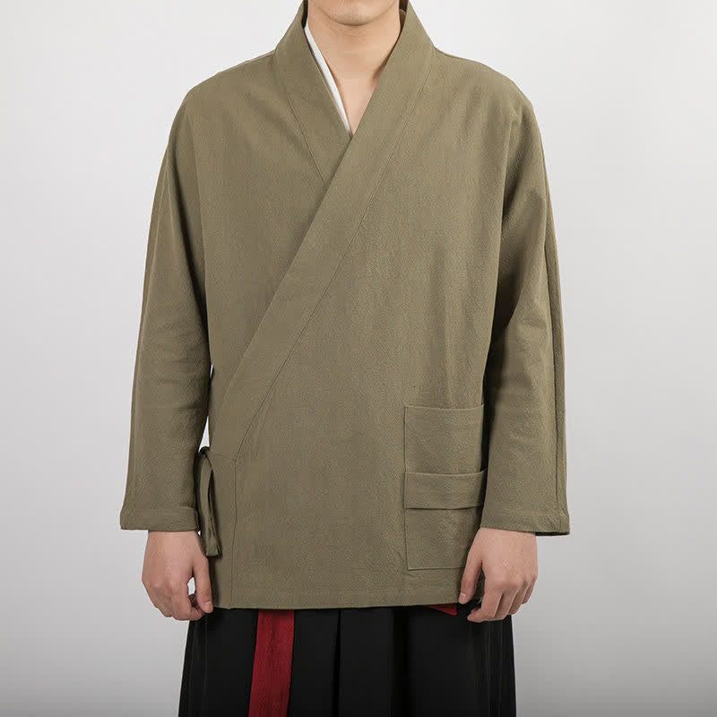 Buddha Stones Spring Fall Minimalist Tang Style Drawstring Solid Cotton Men's Kimonos With Pocket - DarkKhaki - US/UK/AU44,EU54 (4XL) - image 4