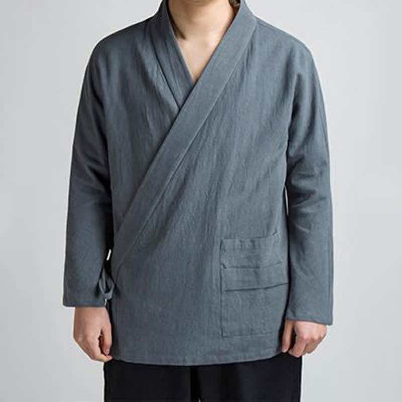 Buddha Stones Spring Fall Minimalist Tang Style Drawstring Solid Cotton Men's Kimonos With Pocket - SlateGray - US/UK/AU44,EU54 (4XL) - image 12